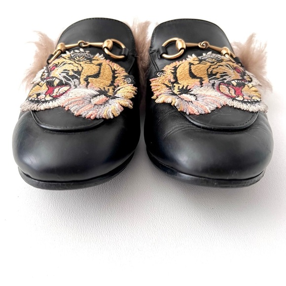 GUCCI | Princetown Horsebit Fur Black Leather Tiger Loafers Mules Flats EU 36.5 - Picture 4 of 10